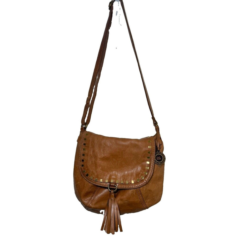 The Sak Cognac Brown Leather Crossbody Bag Studded Flap Tassel Boho Adjustable